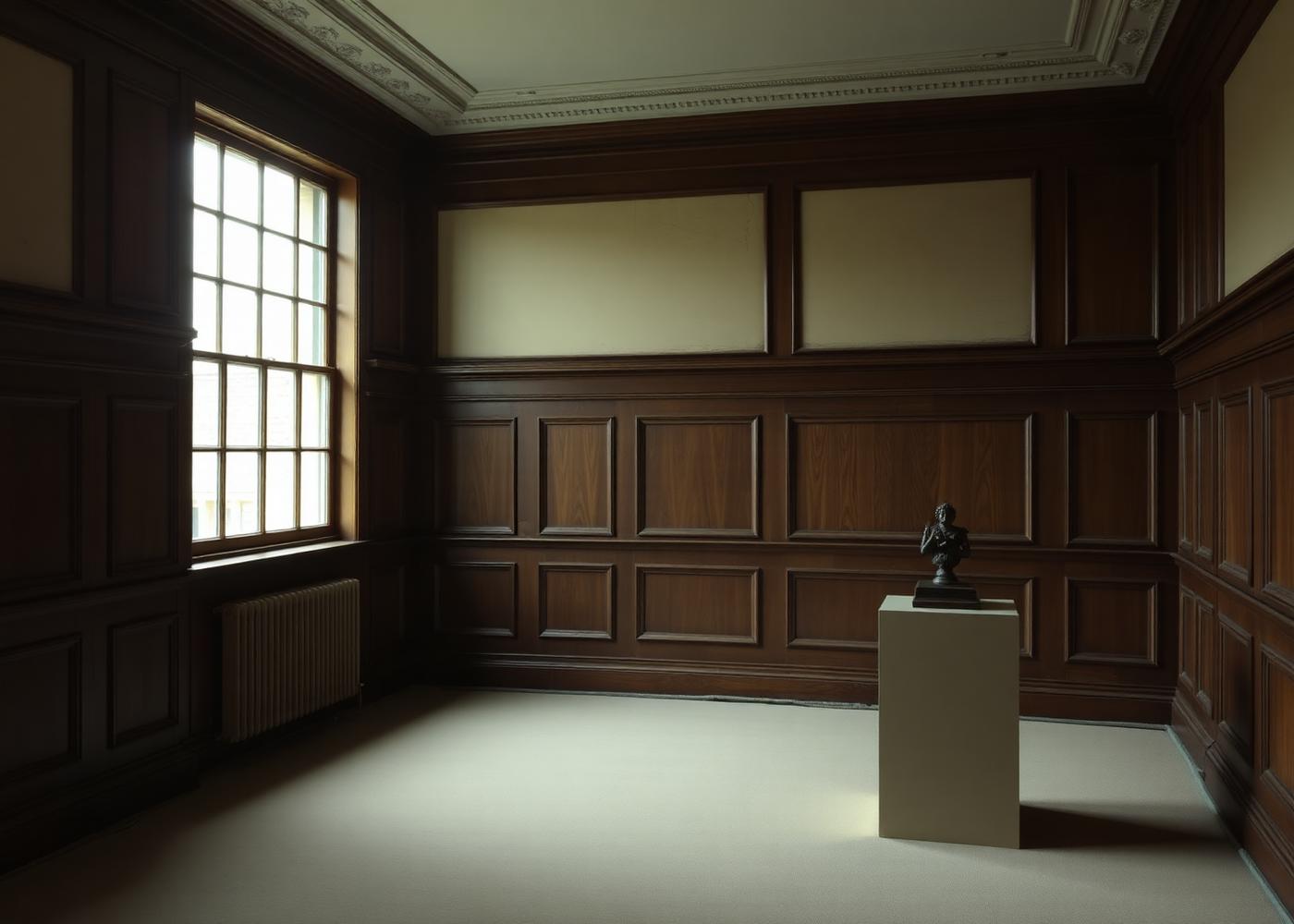Panelled London gallery room with a single antique on a plinth