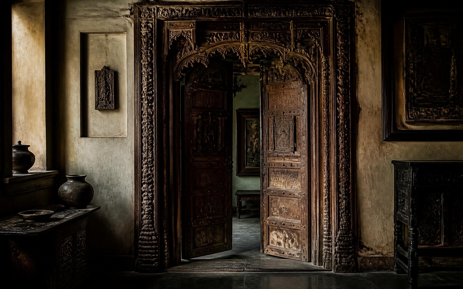 Carved antique Indian doorway in a dimly lit gallery room